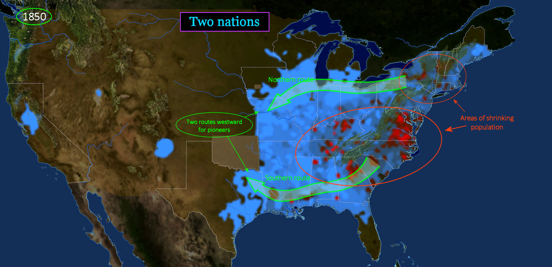 Population migration routes, 1850 map